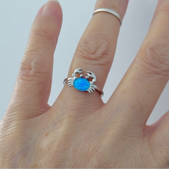 Jewelry - Sterling Silver Blue Lab Opal Crab Ring, Silver Rings, Seafood, Ocean, Crabs